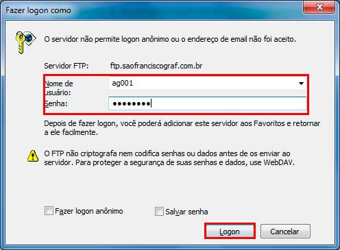 Digitando o usuário e senha para efetuar o logon