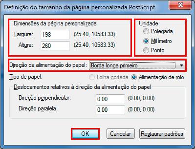 Imprimir Geral Preferências Avançado Tamanho da página - defina o tamanho da página com 5 mm maior que o tamanho do documento