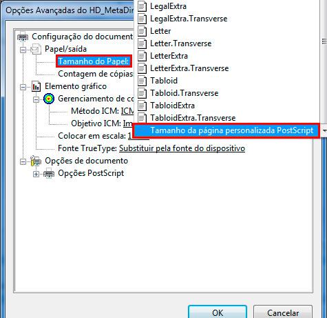 Imprimir Geral Preferências Avançado - defina o tamanho do papel na opção tamanho da página personalizada postscript