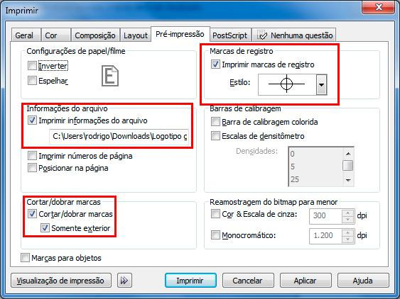 Imprimir Pré-impressão - Selecione [imprimir marcas de registro], marque [imprimir informações do arquivo] e [cortar/dobrar marcas]