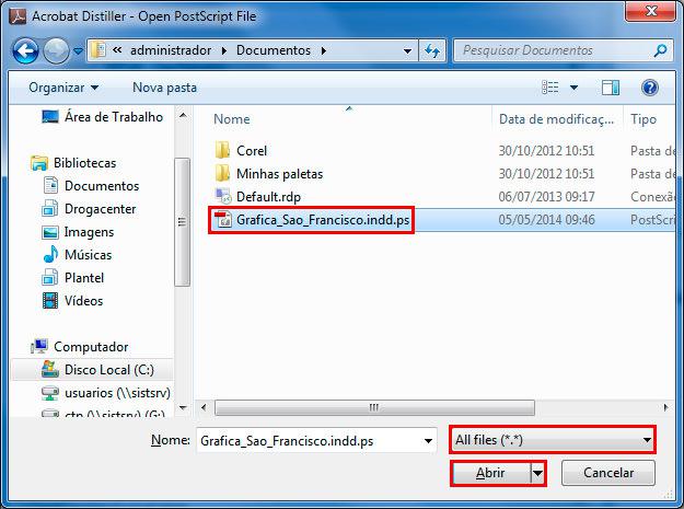 Abrir Arquivo - primeiro selecione all files (*.*), depois selecione o arquivo postscript e por fim, clique no botão abrir