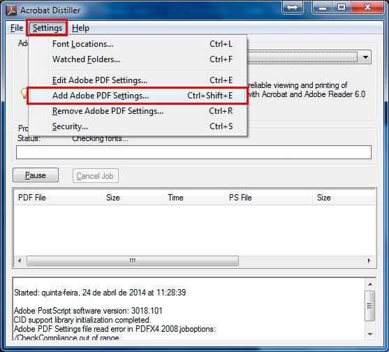 Add Adobe PDF Settings - Clique em Settings, depois em Add Adobe PDF Settings, procure o arquivo SaoFrancisco.joboptions e adicione-o