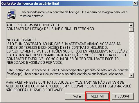 Contrato de Licença - Clique no botão aceitar