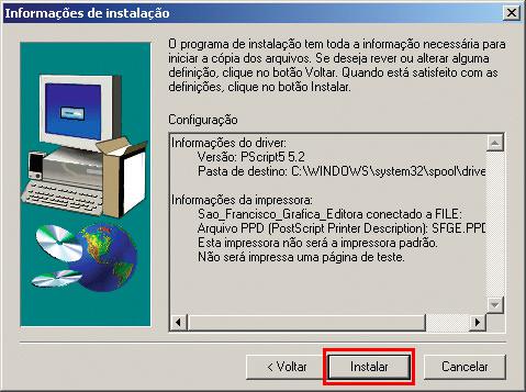 Informações da Instalação - Clique em instalar