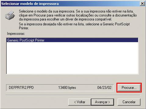 Selecionar Modelo de Impressora - clique no botão procurar
