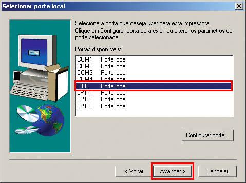 Selecionar Porta Local - Selecione a opção file e depois clique em avançar